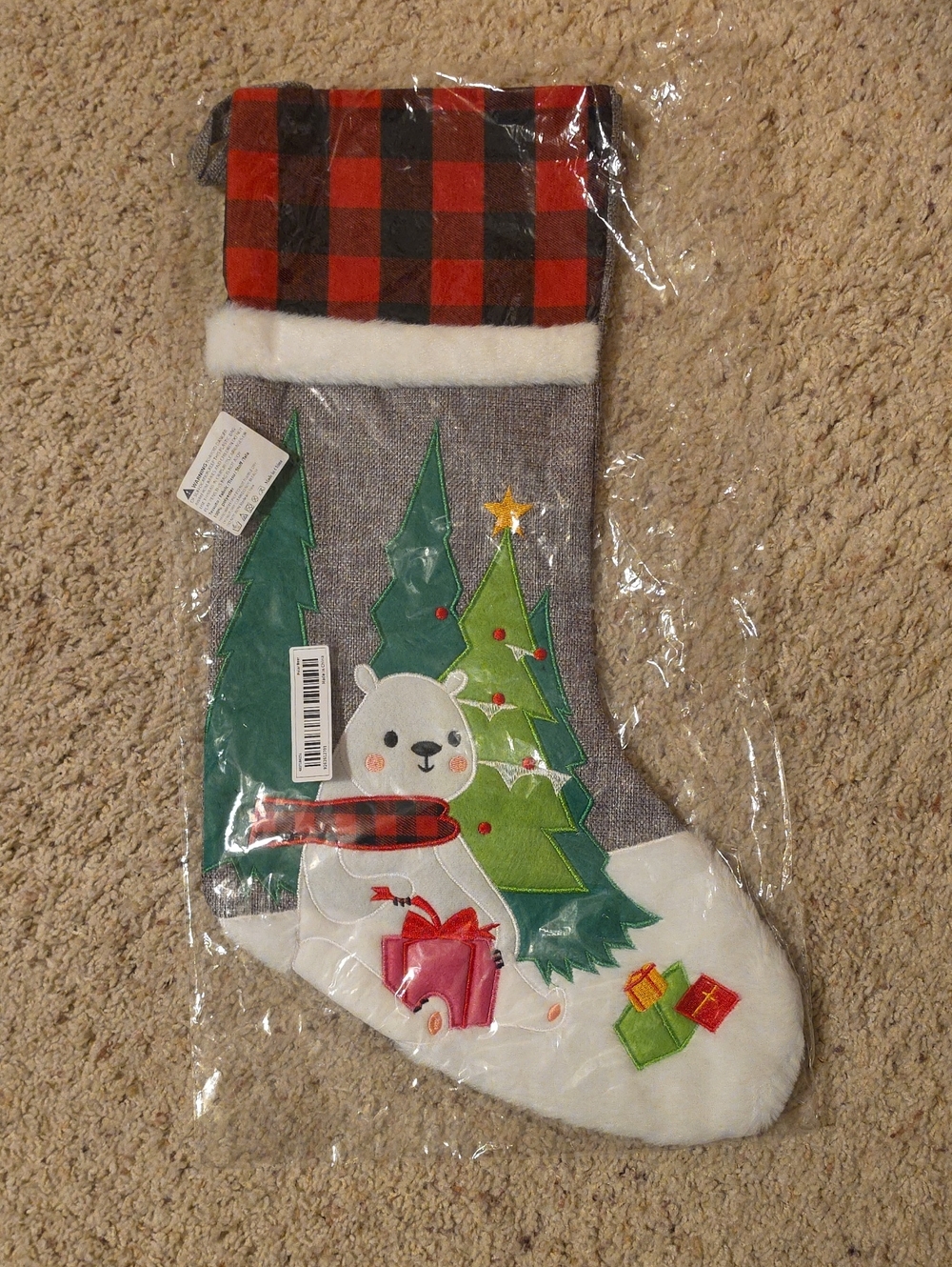 Holiday Christmas Stocking with Bear and Trees - Red Plaid Cuff